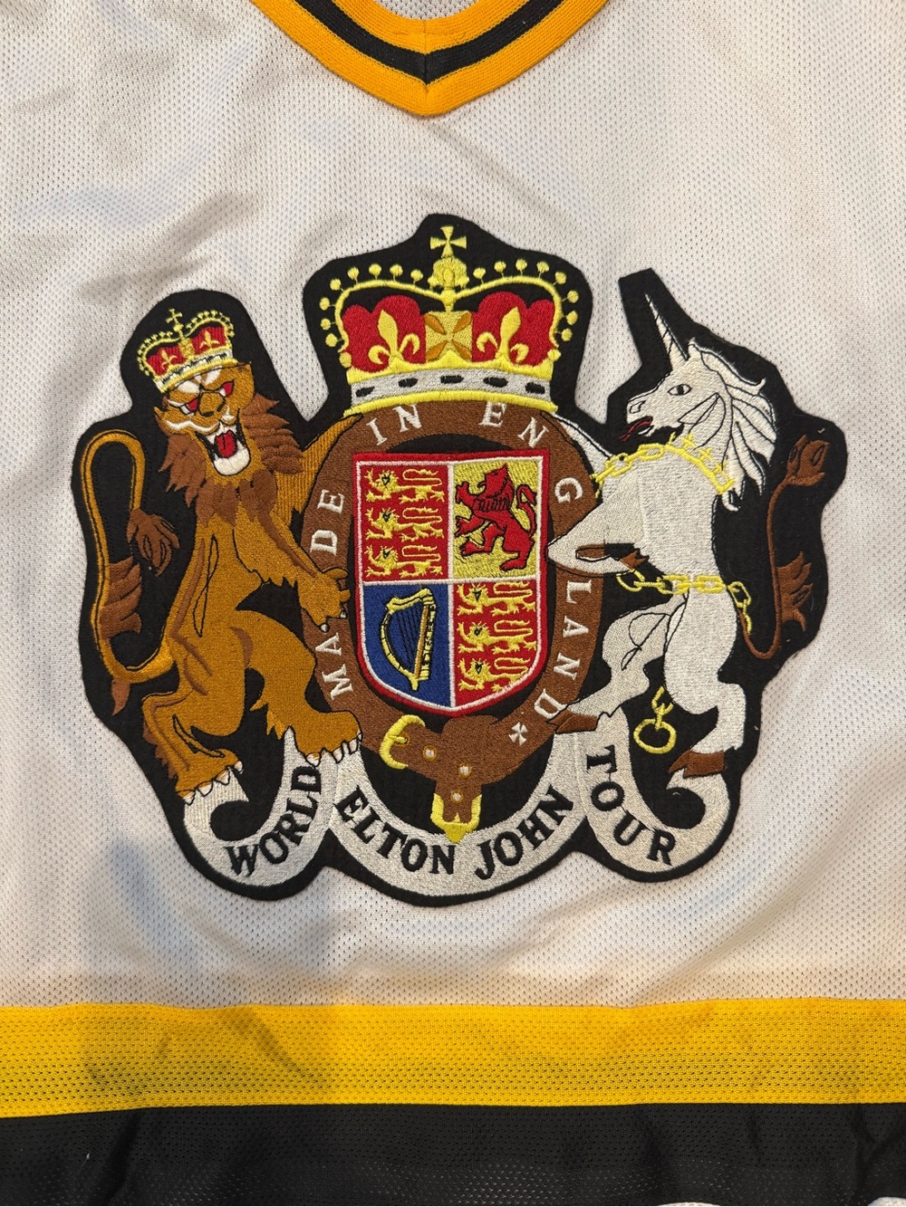 Elton John World Tour Crest Hockey Jersey White w/ Yellow & BlackRARE and UNWORN